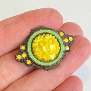 Vintage Antique Art Deco Brooch Pin Yellow Celluloid Floral Enamel C Clasp
